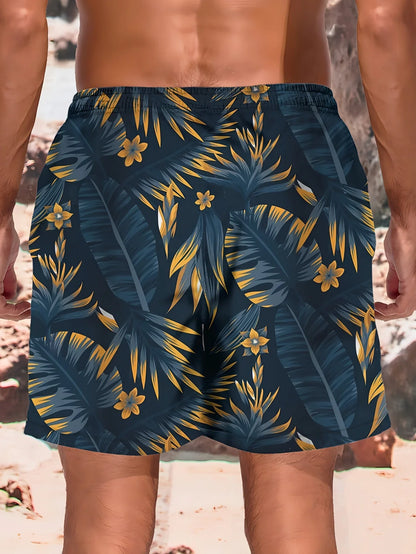 Bañadores de Hombre – Bañador Negro a la Rodilla con Estampado de Hojas Tropicales