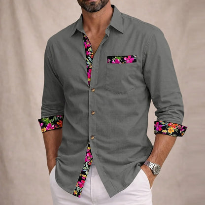 Momount Men Linen Shirt – Long Sleeve Floral Contrast Trim Hawaiian Casual
