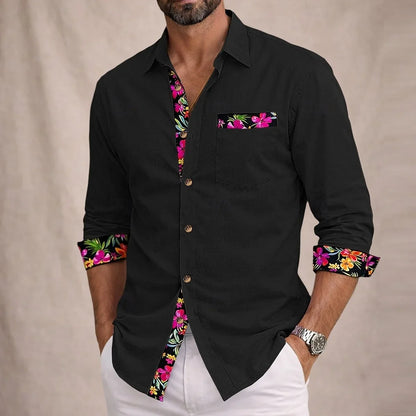 Momount Men Linen Shirt – Long Sleeve Floral Contrast Trim Hawaiian Casual