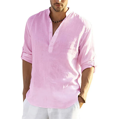 Camisa de Hombre – Camisa Henley de Lino Manga Larga con Cuello Mao