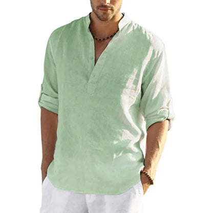 Camisa de Hombre – Camisa Henley de Lino Manga Larga con Cuello Mao