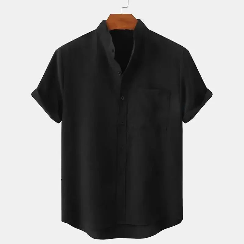 Camisa de Lino de Hombre Momount – Manga Corta, Cuello Mao y Bolsillo en el Pecho