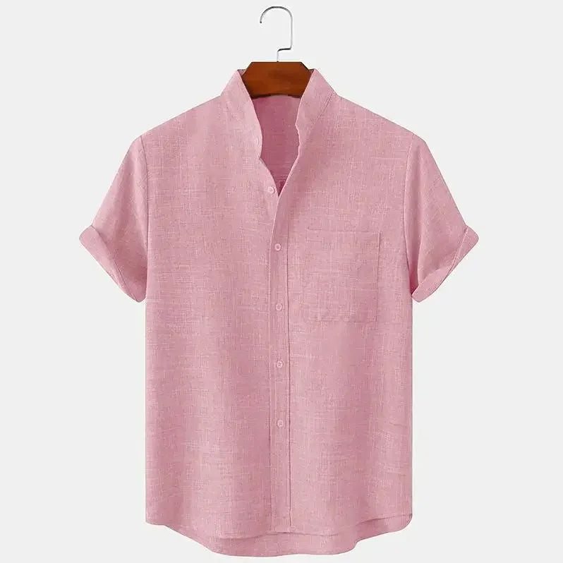 Camisa de Lino de Hombre Momount – Manga Corta, Cuello Mao y Bolsillo en el Pecho