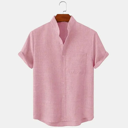 Camisa de Lino de Hombre Momount – Manga Corta, Cuello Mao y Bolsillo en el Pecho