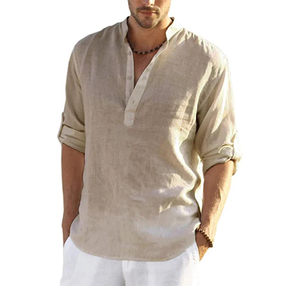 Camisa de Hombre – Camisa Henley de Lino Manga Larga con Cuello Mao
