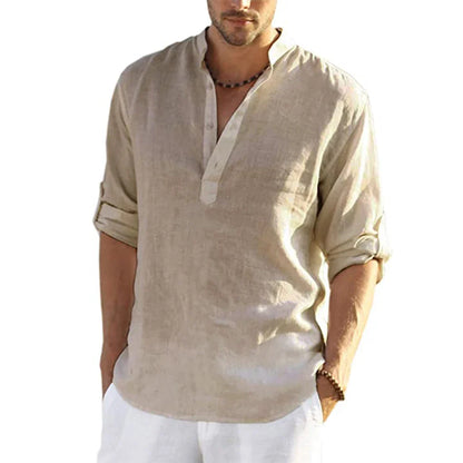 Camisa de Hombre – Camisa Henley de Lino Manga Larga con Cuello Mao