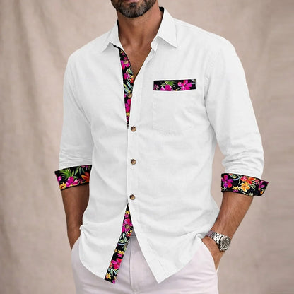 Momount Men Linen Shirt – Long Sleeve Floral Contrast Trim Hawaiian Casual