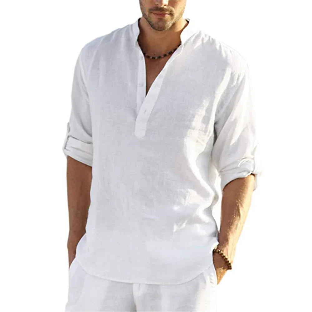 Camisa de Hombre – Camisa Henley de Lino Manga Larga con Cuello Mao