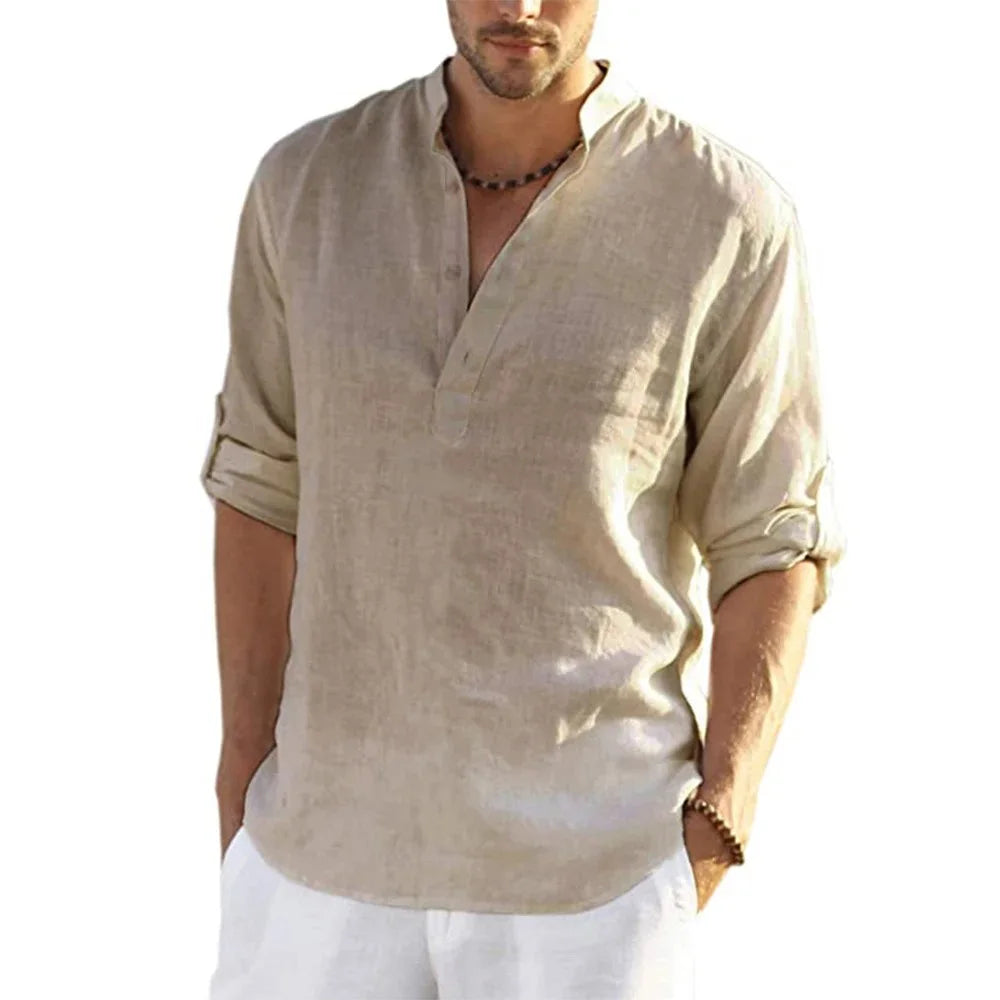 Camisa de Hombre – Camisa Henley de Lino Manga Larga con Cuello Mao