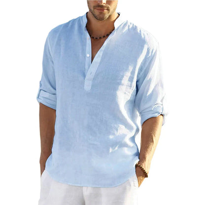Camisa de Hombre – Camisa Henley de Lino Manga Larga con Cuello Mao