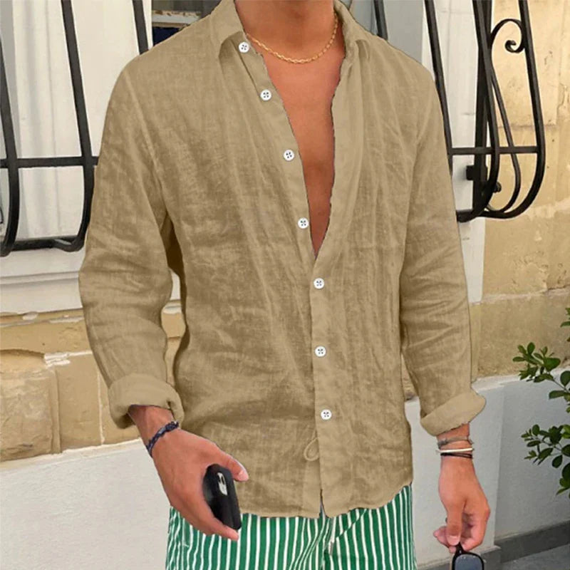 Camisa de Lino de Hombre Momount – Manga Larga Relajada de Verano Casual