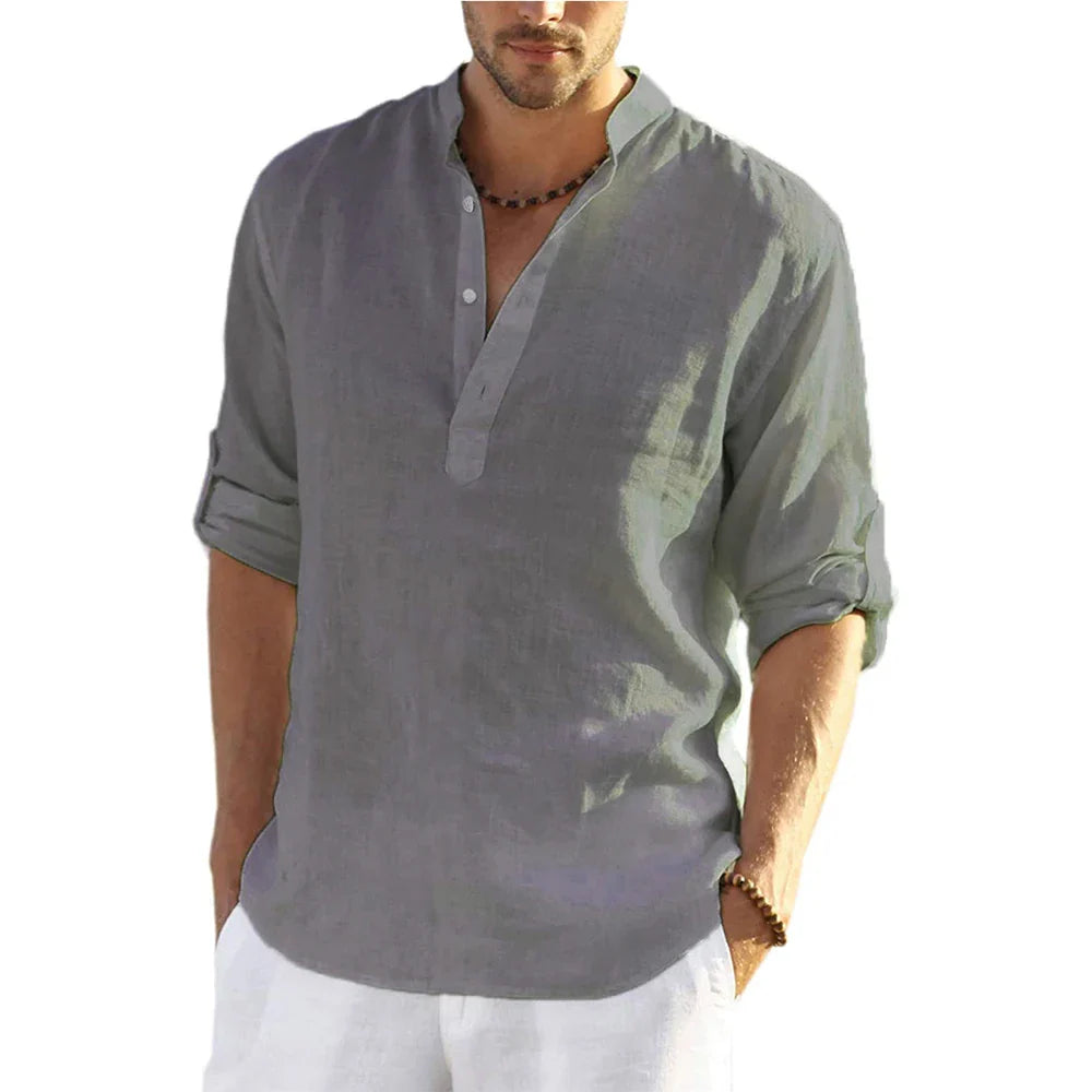 Camisa de Hombre – Camisa Henley de Lino Manga Larga con Cuello Mao