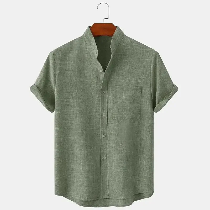 Camisa de Lino de Hombre Momount – Manga Corta, Cuello Mao y Bolsillo en el Pecho