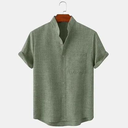 Camisa de Lino de Hombre Momount – Manga Corta, Cuello Mao y Bolsillo en el Pecho