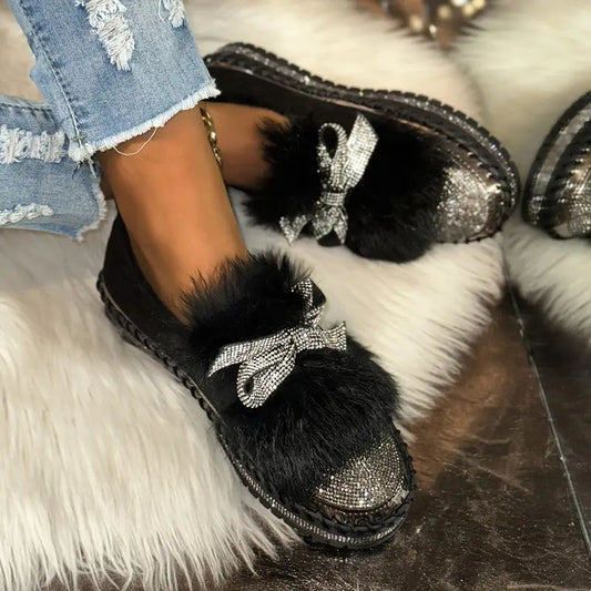 Momount Mujer Mocasines de Piel Sintética – Lazo de Cristal Pedrería Puntera Plush Slip-On