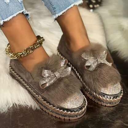 Momount Mujer Mocasines de Piel Sintética – Lazo de Cristal Pedrería Puntera Plush Slip-On