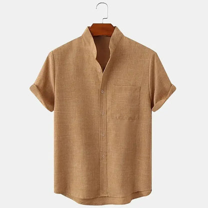 Camisa de Lino de Hombre Momount – Manga Corta, Cuello Mao y Bolsillo en el Pecho