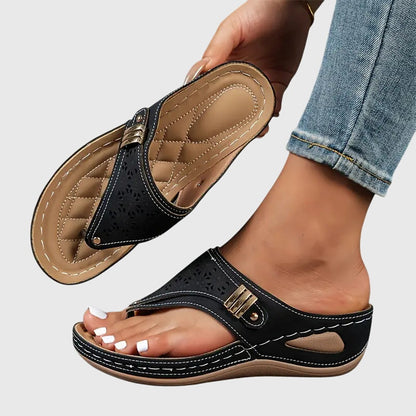 Momount Mujer Sandalias Slide de Cuña Tira al Dedo – Piel Calado Tira Entre Dedo Plantilla Acolchada