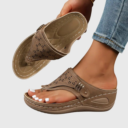 Momount Mujer Sandalias Slide de Cuña Tira al Dedo – Piel Calado Tira Entre Dedo Plantilla Acolchada