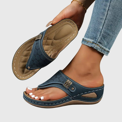 Momount Mujer Sandalias Slide de Cuña Tira al Dedo – Piel Calado Tira Entre Dedo Plantilla Acolchada
