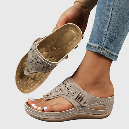 Momount Mujer Sandalias Slide de Cuña Tira al Dedo – Piel Calado Tira Entre Dedo Plantilla Acolchada