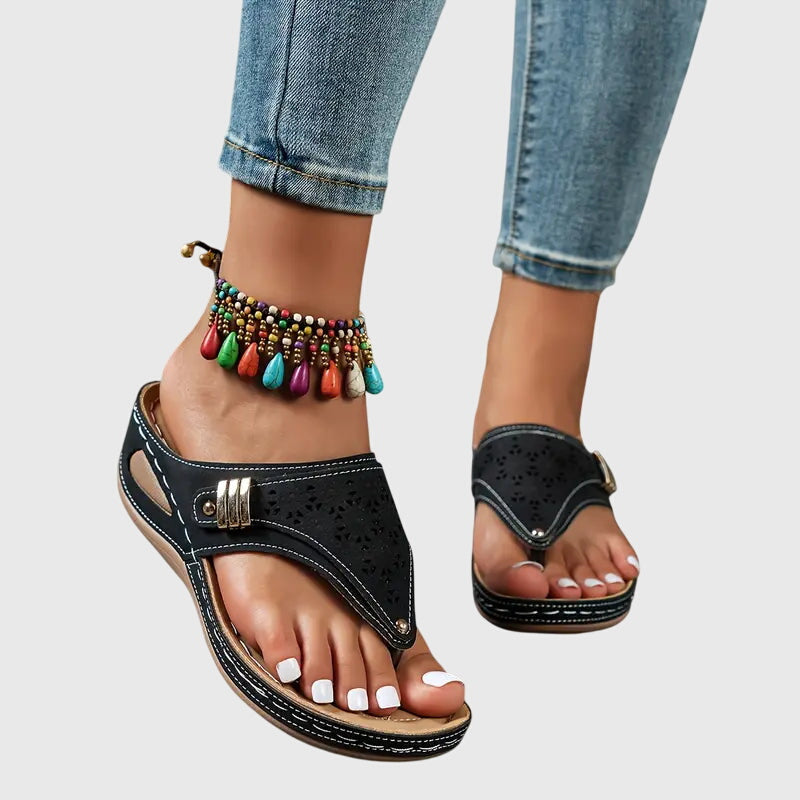 Momount Mujer Sandalias Slide de Cuña Tira al Dedo – Piel Calado Tira Entre Dedo Plantilla Acolchada