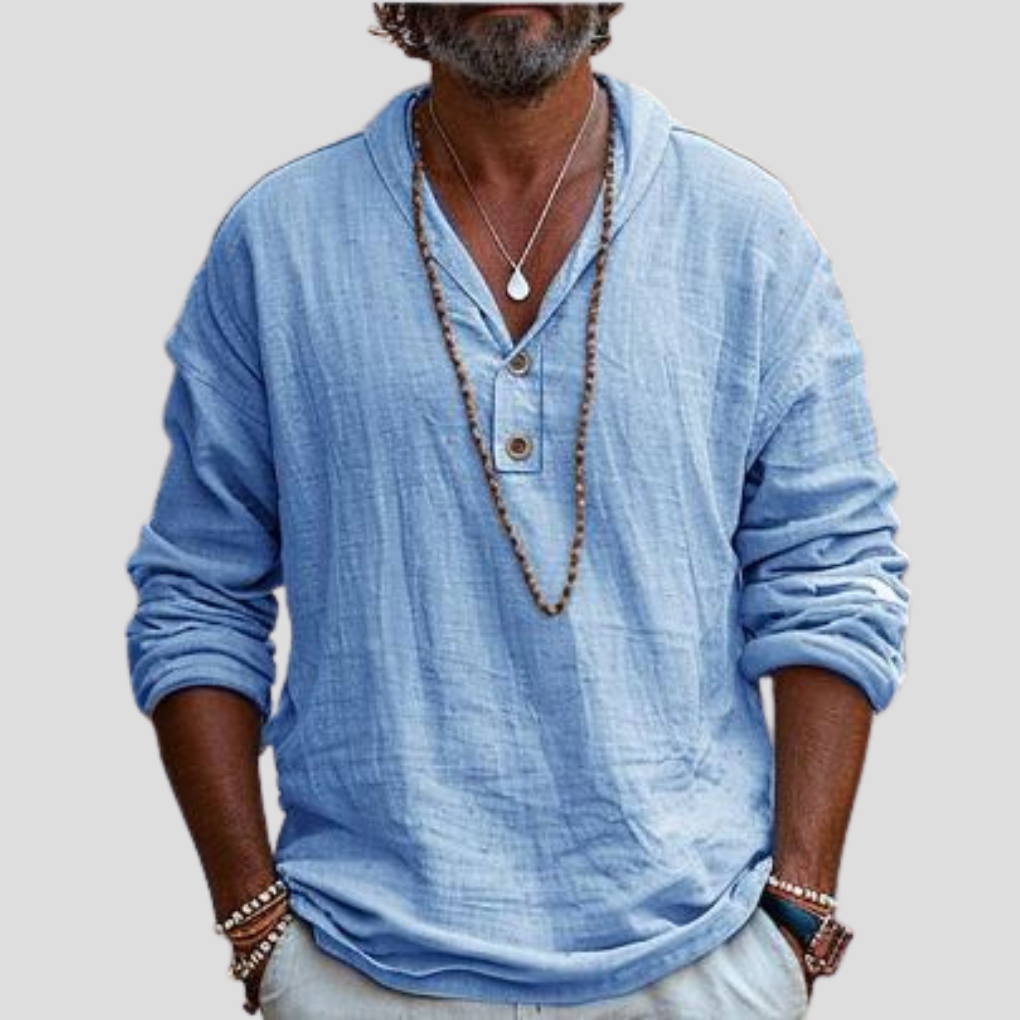 Camisa Henley de Lino de Hombre Momount – Manga Larga, Cuello Mao Refinada Casual