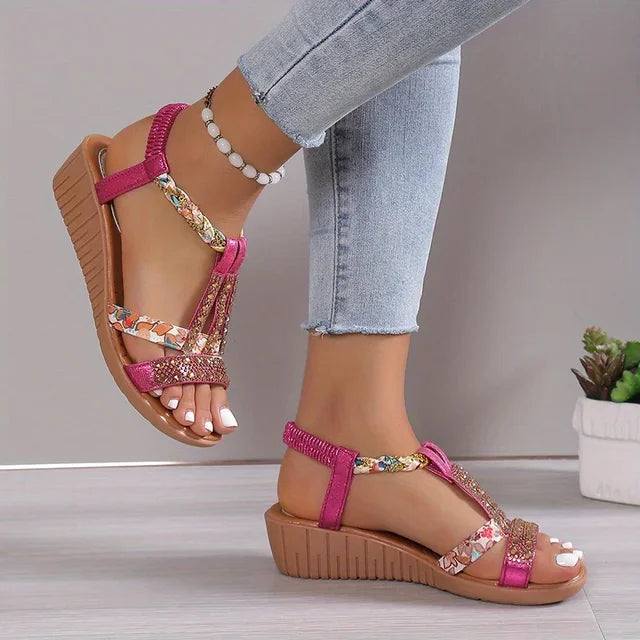 Sandalias de Cuña de Mujer – Fucsia Floral con Strass Trenzadas Boho