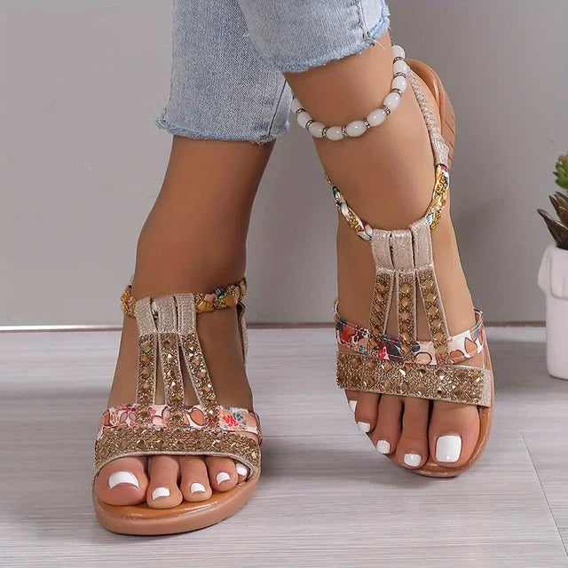 Sandalias de Cuña de Mujer – Fucsia Floral con Strass Trenzadas Boho