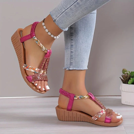 Sandalias de Cuña de Mujer – Fucsia Floral con Strass Trenzadas Boho