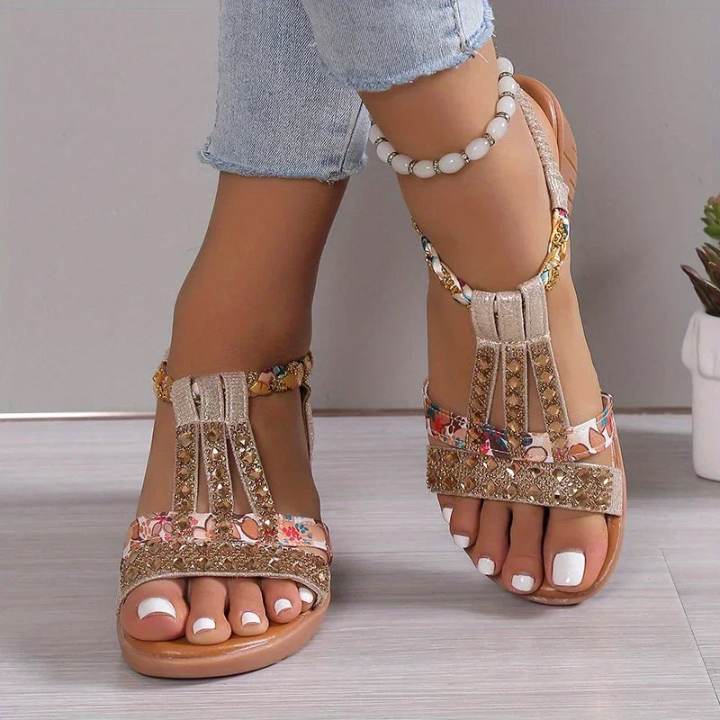 Sandalias de Cuña de Mujer – Fucsia Floral con Strass Trenzadas Boho