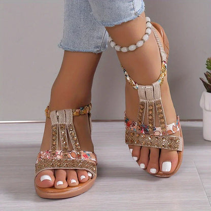 Sandalias de Cuña de Mujer – Fucsia Floral con Strass Trenzadas Boho