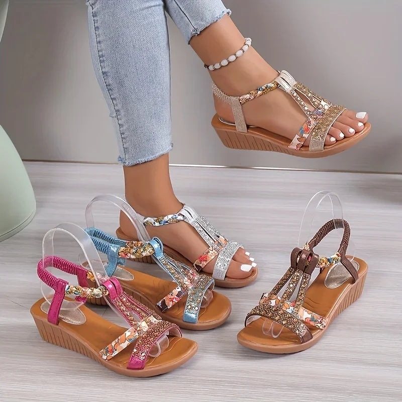 Sandalias de Cuña de Mujer – Fucsia Floral con Strass Trenzadas Boho