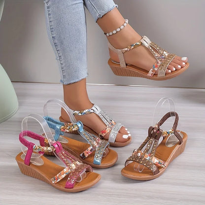 Sandalias de Cuña de Mujer – Fucsia Floral con Strass Trenzadas Boho