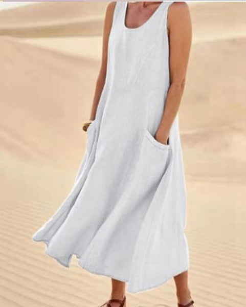 Melisande | Vestido Largo de Lino con Cuello Redondo – Vaporoso y Elegante