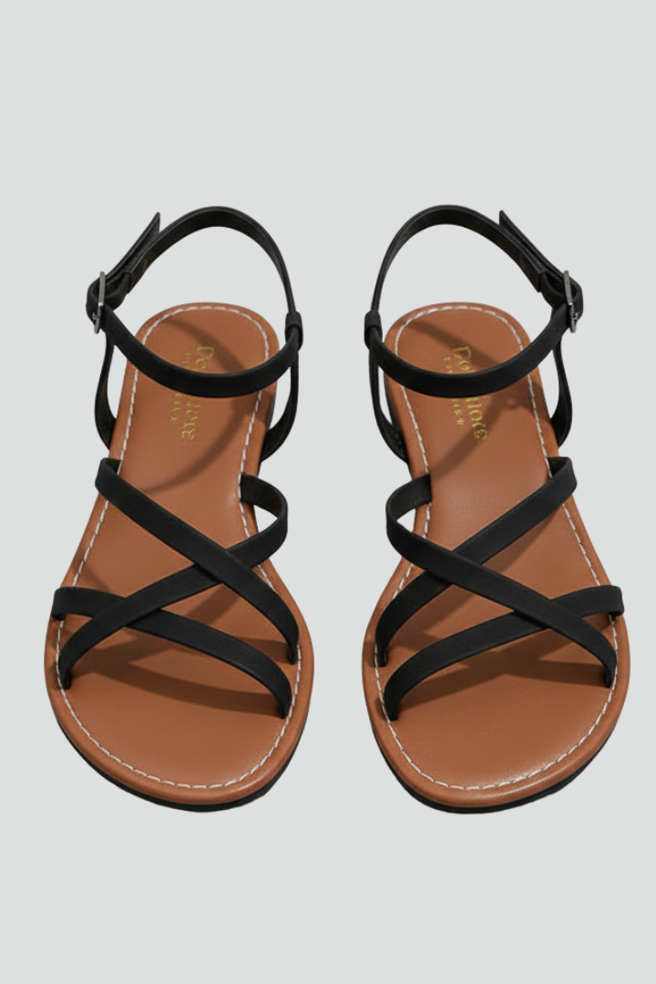 Momount Women Flat Sandals – Black Leather Strappy Crisscross Strap