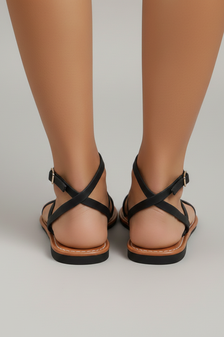 Momount Women Flat Sandals – Black Leather Strappy Crisscross Strap