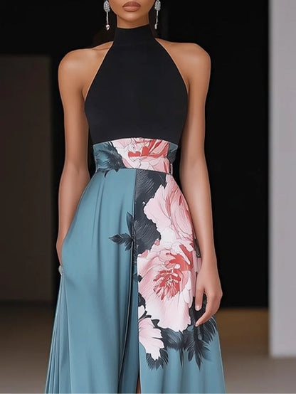 Vestido Largo Halter Floral – Abertura Alta y Estilo Elegante para Verano