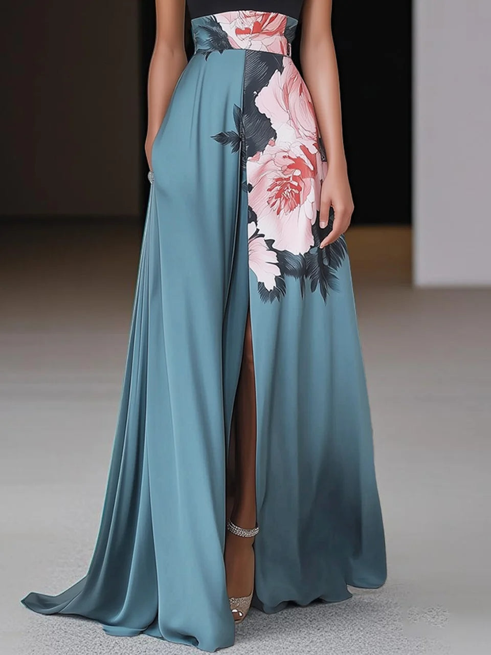Vestido Largo Halter Floral – Abertura Alta y Estilo Elegante para Verano