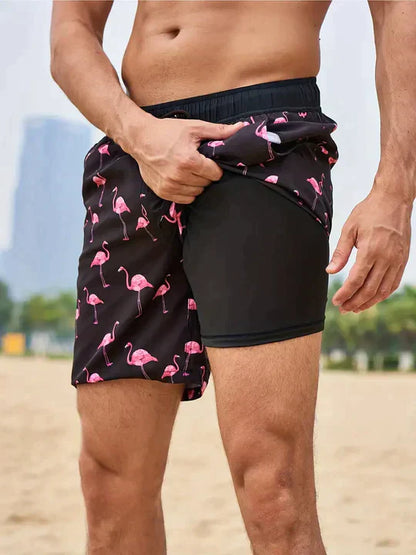 Bañadores de Hombre – Bañador Deportivo Azul Marino con Forro de Compresión y Estampado de Palmeras