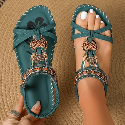 Sandalias Slingback de Mujer – Planas Boho Verde Azulado con Cuentas y Strass