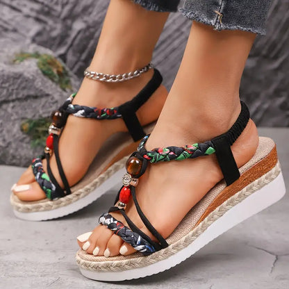 Sandalias de Cuña de Mujer – Espadrilles Boho Trenzadas Cuentas y Strass