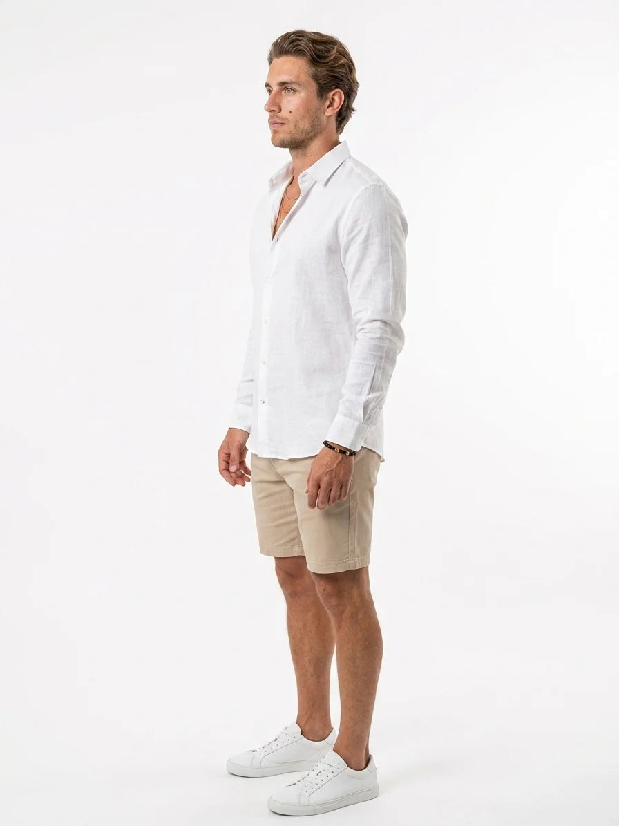 Momount Men Linen Shirt – Long Sleeve Slim Fit Point Collar Classic - White - side