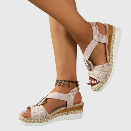Sandalias de Cuña de Mujer – Espadrilles Rosa Empolvado Tiras Metalizadas