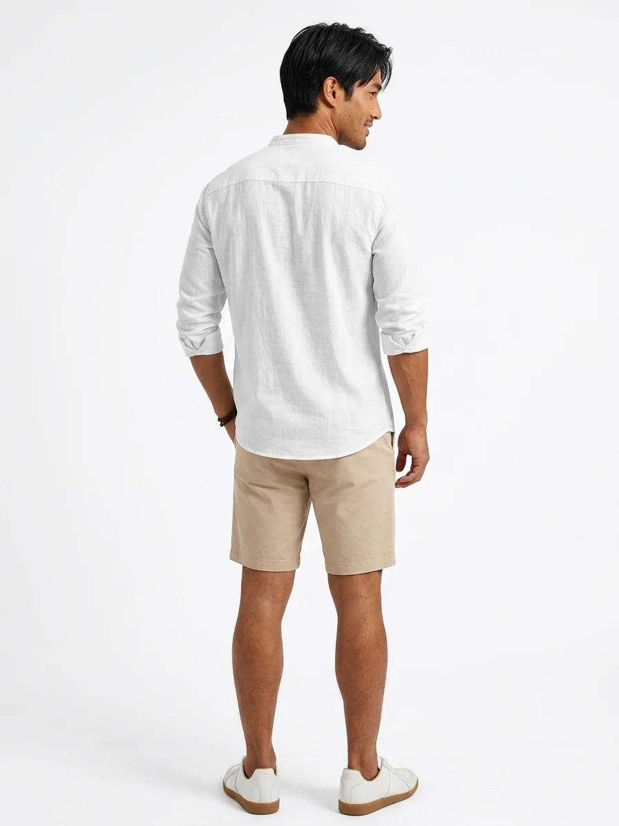 Momount Men Linen Henley Shirt – Long Sleeve Band Collar Breathable Casual - White - back
