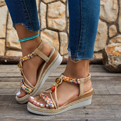 Sandalias de Cuña de Mujer – Espadrilles Boho Trenzadas Cuentas y Strass
