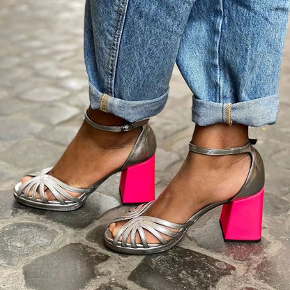 Sandalias de Tacón Ancho de Mujer – Tira Tobillo Estilo Jaula Punta Abierta