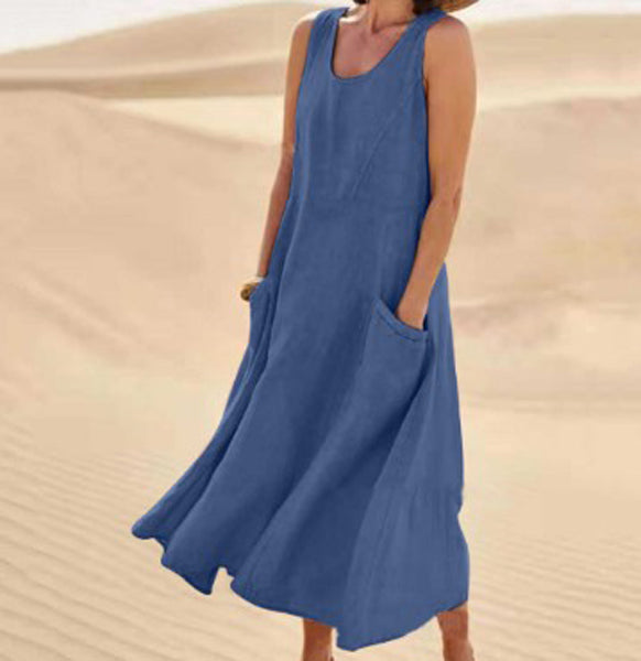 Melisande | Vestido Largo de Lino con Cuello Redondo – Vaporoso y Elegante
