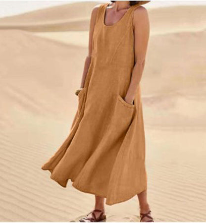 Melisande | Vestido Largo de Lino con Cuello Redondo – Vaporoso y Elegante