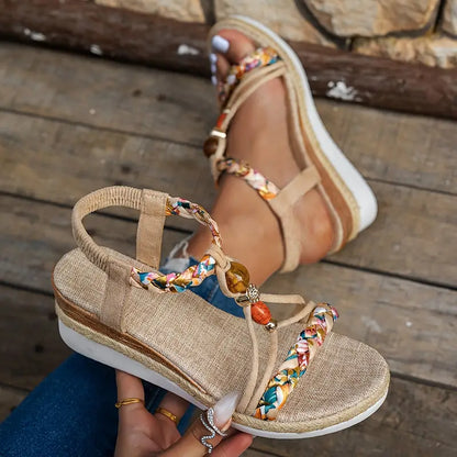Sandalias de Cuña de Mujer – Espadrilles Boho Trenzadas Cuentas y Strass